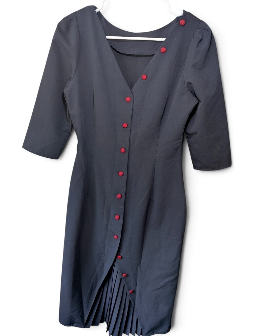 Black Asymmetric Red Button Pleated Hem V-Neck Wiggle Sheath Dress Small Gothic